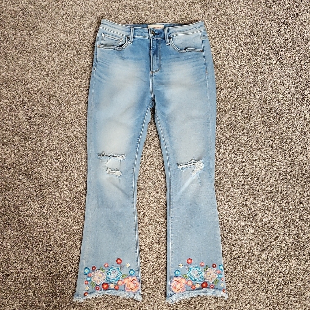 Driftwood Roxy Light Blue Flare Jeans with Floral Embroidery